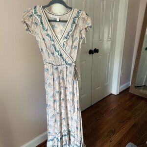 Chelsea and Violet Floral Print Ruffle V-Neck Midi Length Faux Wrap Dress